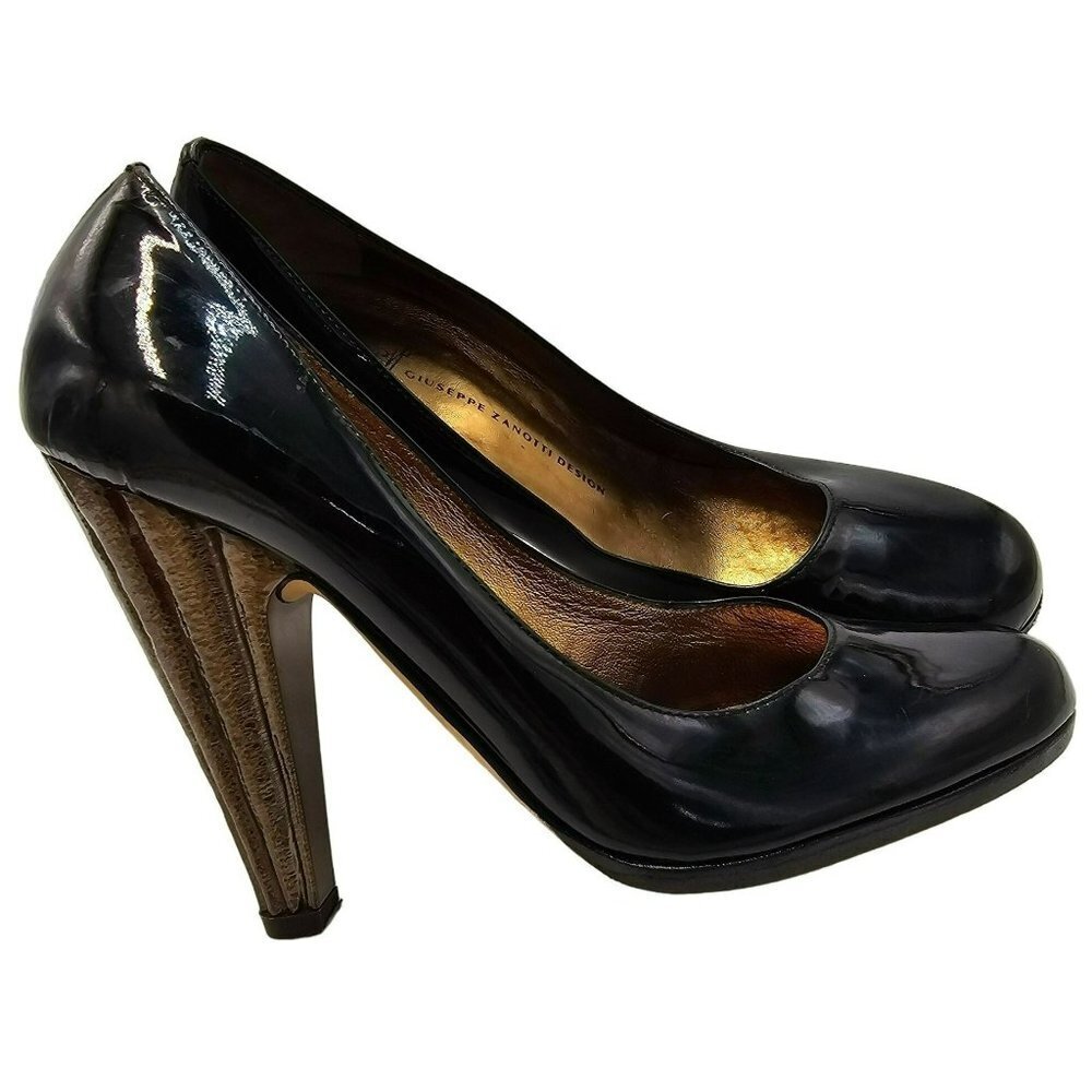Guiseppe Zanotti Black Heels 7 Patent Leather Luxury Designer Gold Cone Heel 37 - Picture 4 of 16